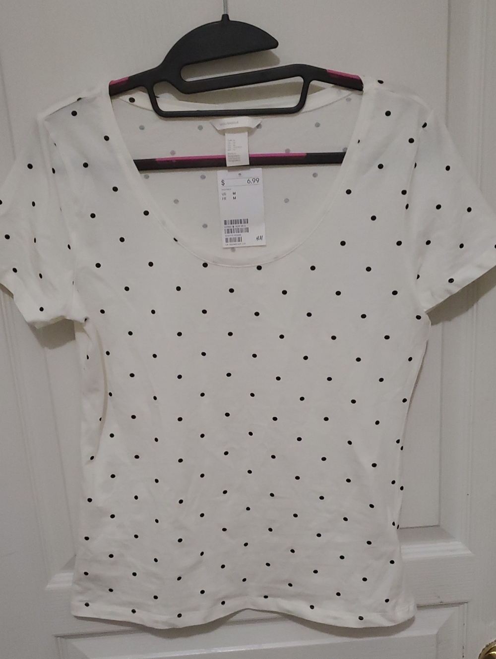 H&M White Scoop Neck Tee with Black Polka Dots US M